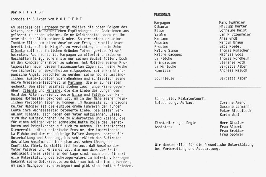 Der Geizige - Programm Innenseite