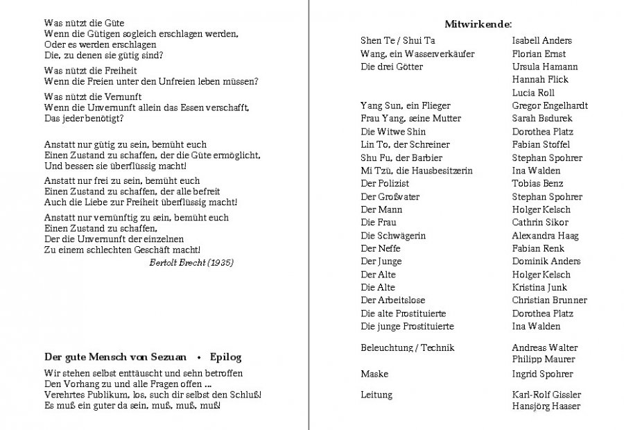 Der gute Mensch von Sezuan - Programm Innenseite