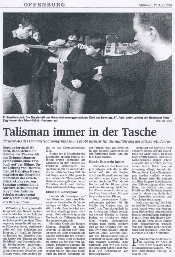 Offenburger Tageblatt - Vorbericht vom 17. April 2002