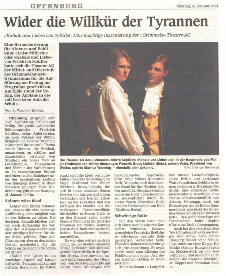 Offenburger Tageblatt - Aufführungsbericht vom 26. Januar 2004