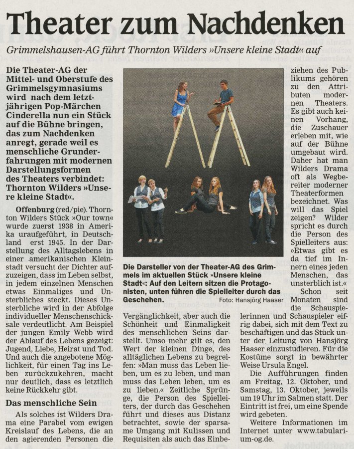 Wilder Unsere kleine Stadt - OT Vorbericht vom 8. Oktober 2012