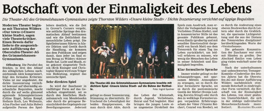 Wilder Unsere Kleine Stadt 2012 - OT Aufführungsbericht vom 20. Oktober 2012