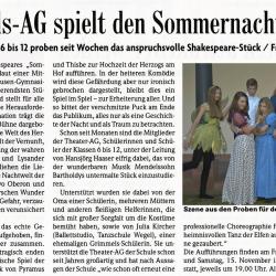 Shakespeare Ein Sommernachtstraum - BZ Vorbericht vom 12. Nov. 2014
