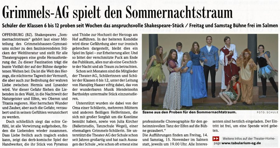 Shakespeare Ein Sommernachtstraum - BZ Vorbericht vom 12. Nov. 2