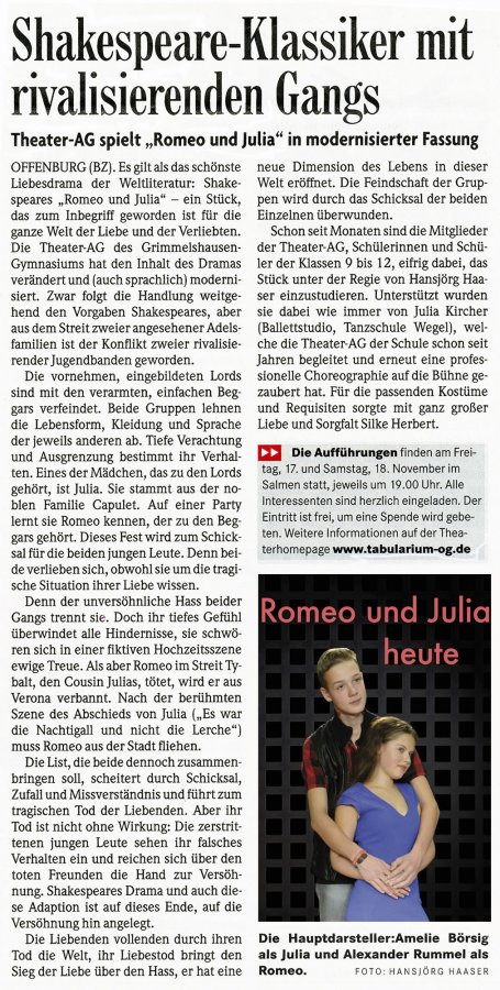 Romeo und Julia heute - BZ Vorbericht vom 14. November 2017