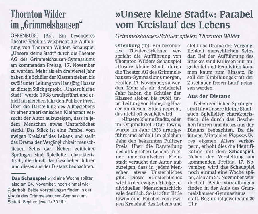 Ankündigung: BZ vom 15.11.2000 links, OT vom 16.11.2000 rechts